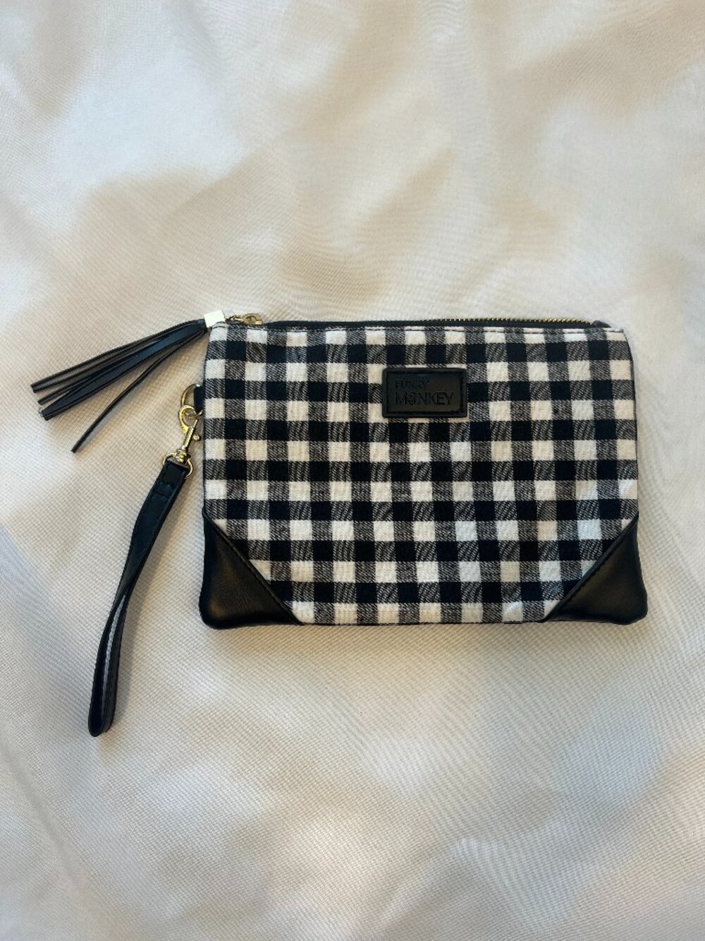 Buffalo Plaid Black & White Faux Leather Wristlet